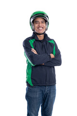 uber rider with helmet and jacket smiling to camera isolated over white background