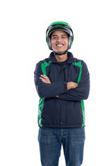 asian male motorbike rider with uniform isolated over white background