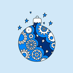 Christmas ball in the steampunk style , starry sky . Mechanical Christmas decoration . Vector Greeting card for merry Christmas and happy New year