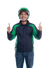 man with helmet and jacket or uniform of online commercial taxi rider showing thumb up