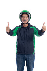 man with helmet and jacket or uniform of online commercial taxi rider showing thumb up