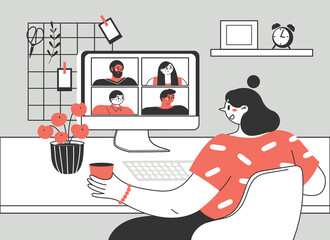 A girl or woman using a computer for a collective virtual meeting and group video conference. Vector illustration for video conference, remote work, technological concept.