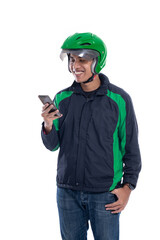 online taxi driver holding smartphone isolated over white background