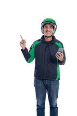 man rider wear helmet pointing to blank copyspace