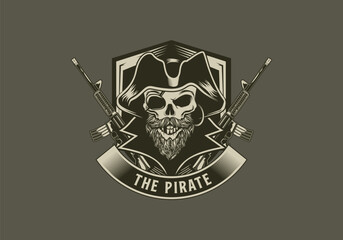 vintage retro badass tactical bearded skull pirate badge vector illustration