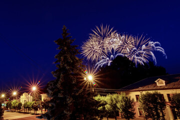 Naklejka premium Multicolored flashes of fireworks over city in celebration