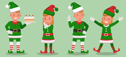 Set of kids wearing christmas elf costumes character vector design. Presentation in various action with emotions. no8
