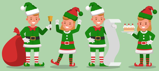 Set of kids wearing christmas elf costumes character vector design. Presentation in various action with emotions. no9