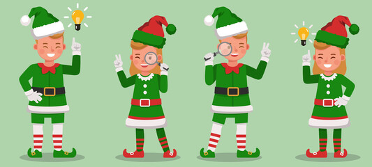Set of kids wearing christmas elf costumes character vector design. Presentation in various action with emotions. no13