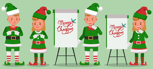 Set of kids wearing christmas elf costumes character vector design. Presentation in various action with emotions. no14