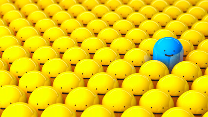 The crowd and one special. Rows of yellow men and one blue smiling. 3d render