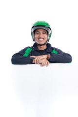 portrait of uber rider with helmet holding blank white board