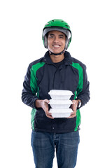 male uber driver with food delivery isolated over white background