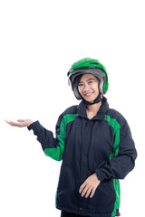 female uber taxi driver presenting to copyspace isolated over white