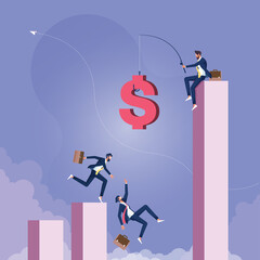 Temptation and risk-Money trap and business risks concept, Businessman fishing cash from top of graph and business people running follow money coin with fishing hook