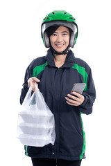asian woman delivery food. female courier with food on a plastic bag delivering food