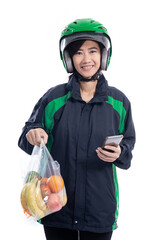 asian woman delivery food. female courier with food on a plastic bag delivering food