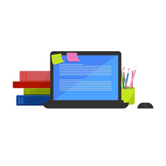 Workplace with laptop, books, pencils, isolated on white background. Concept: online education, work from home, office. Vector illustration, flat cartoon color minimal design, eps 10.