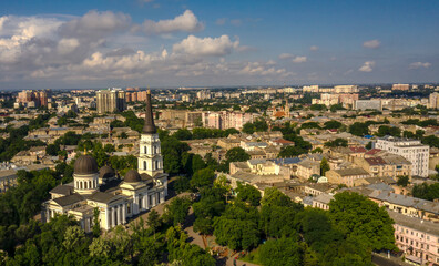 Fototapeta na wymiar Air city panorama with Orthodox Cathedral in Odessa, Ukraine at sunny day.