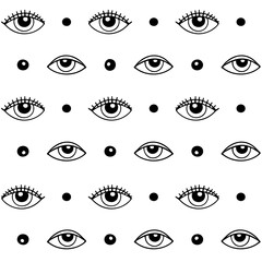 Abstract seamless pattern with magical eyes and dots. Stylized modern print for textile, fabric, clothes, packaging, goods, design. Vector stock illustration isolated on a white  background.
