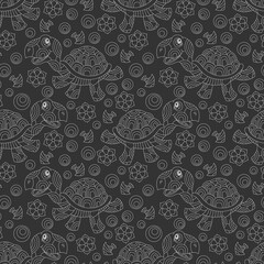 Seamless pattern with cartoon fun turtles, flowers and fish, light contour animals on a dark background