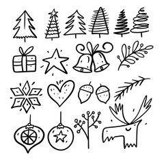 Winter holiday elements set. Doodle style. Cartoon hand draw coloring.