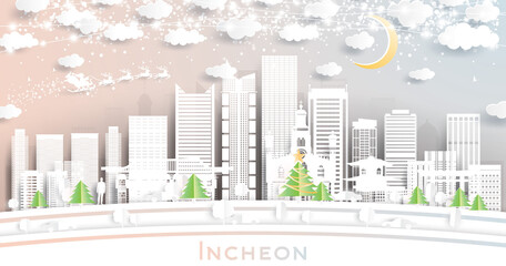 Incheon South Korea City Skyline in Paper Cut Style with Snowflakes, Moon and Neon Garland.