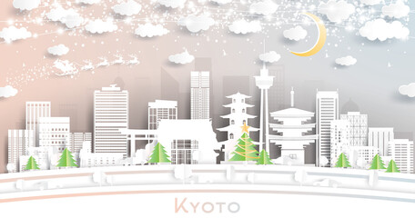 Kyoto Japan City Skyline in Paper Cut Style with Snowflakes, Moon and Neon Garland.