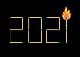 Numbers from matches with a burning flame on a black background.