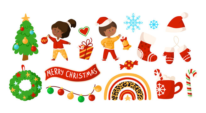 Christmas and New Year kids clipart - cartoon boy and girl, Christmas wreath and Tree, rainbow, decorations, gift box, garland, candy cane, santa hat, stoking, hot drink mug - vector isolated images