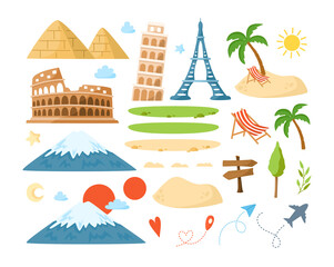 World Travel cartoon landmarks, world places isolated cliparts with colosseum, leaning tower of pisa, eiffel tower, mount fuji, pyramids, tropical island, palm tree, plane on white background vector