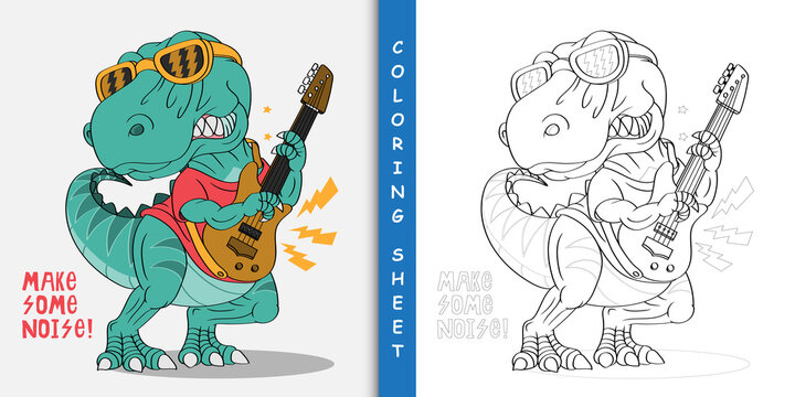 Cartoon dinosaur rock star, Coloring sheet 