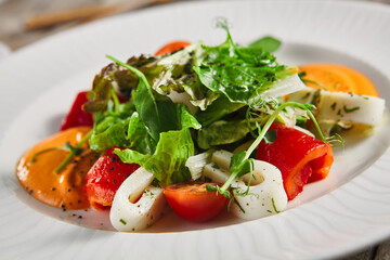 Roasted pepper salad with calamari and fresh greens
