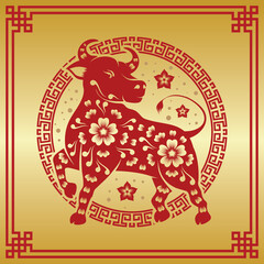 Happy  Chinese new year 2021,  Red ox, border and floral ornament with golden background