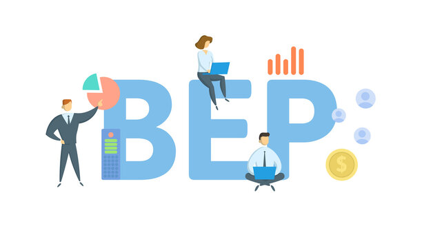 BEP, Break Even Point. Concept with keywords, people and icons. Flat vector illustration. Isolated on white background.