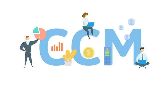 CCM, Completed Contract Method. Concept with keywords, people and icons. Flat vector illustration. Isolated on white background.