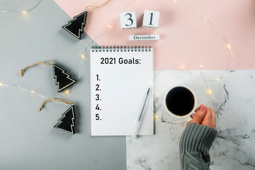 Woman's hand holding cup of coffee. 2021 goal, plan, business motivation,inspiration concepts.