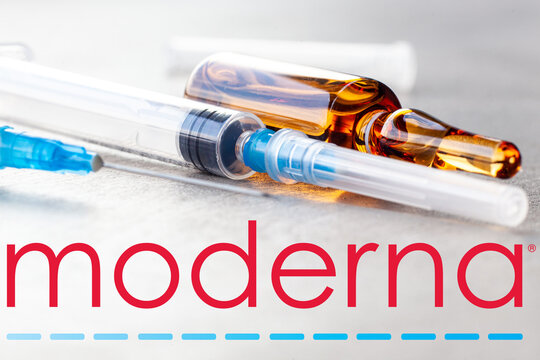 Moderna coronavirus vaccine pharmaceutical corporation. Moderna logo with vaccine and syringe. Vaccine research center.