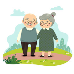 Vector illustration cartoon of elderly couple standing and holding hands in the park. Happy grandparents day concept.