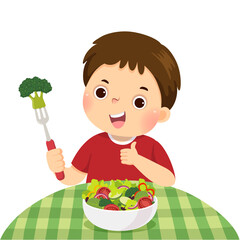 Vector illustration cartoon of a little boy eating fresh vegetable salad and showing thumb up sign.