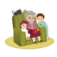 Vector illustration cartoon of grandma telling story to her grandchildren on a sofa.