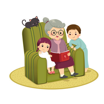 Vector Illustration Cartoon Of Grandma Telling Story To Her Grandchildren On A Sofa.