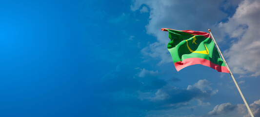 Mauritania national flag with blank text space on wide background.