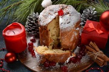 Christmas and New Year concept. Panettone (Italian Christmas 