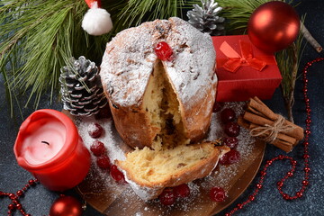Christmas and New Year concept. Panettone (Italian Christmas 