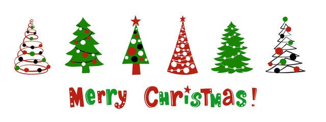 Holiday banner with Christmas tree illustrations and Merry Christmas text. Cartoon fir tree. Vector design elements isolated on white. For winter season cards, tags, New year party posters, headers.