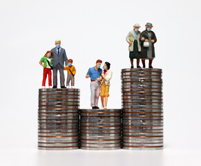Miniature people wearing masks on coins. Concept of differential payment of funds for disaster...