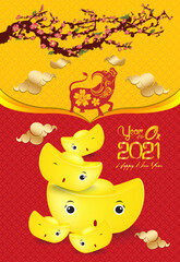 Chinese new year poster design with Chinese of the Ox, Happy Chinese New Year 2021, gold ingots