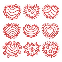 set of red love heart hand drawing. vector illustration