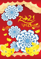 Chinese new year 2021 - Year of the Ox. Gold ingots, flower and asian elements with craft style on background